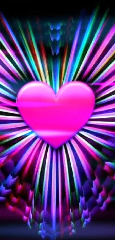 Vibrant heart design wallpaper with colorful rays for mobile screen.