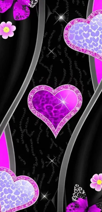 Mobile wallpaper with glittering hearts and butterflies in pink hues.