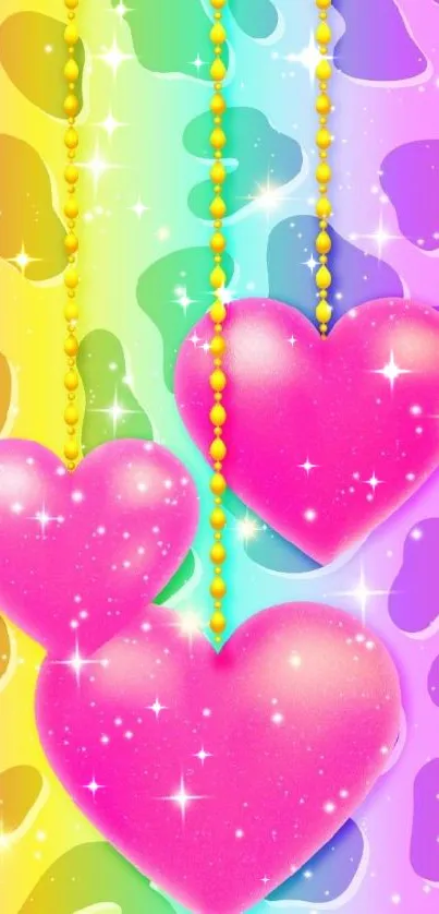 Vibrant pink hearts with rainbow background.