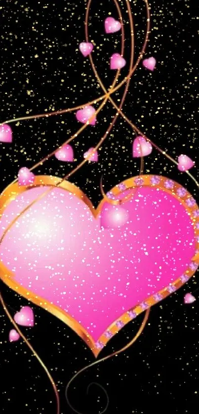 Vibrant pink heart with golden swirls on black background.