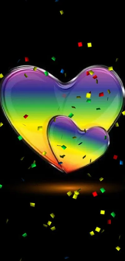 Vibrant rainbow hearts on a black mobile wallpaper background.