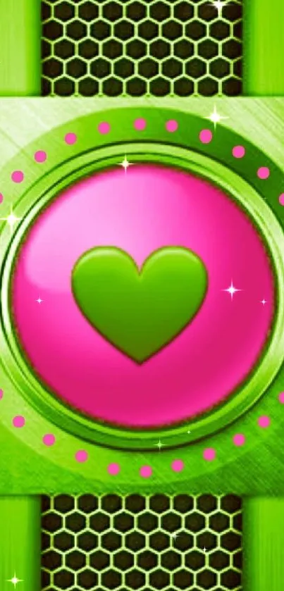 Vibrant heart-themed mobile wallpaper in pink and green hues.