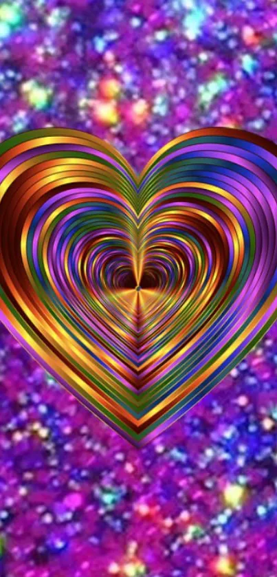 Vibrant heart wallpaper with a colorful, sparkly purple background.