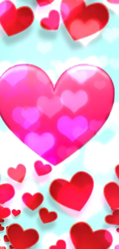 Vibrant red and pink hearts on a blue background wallpaper.