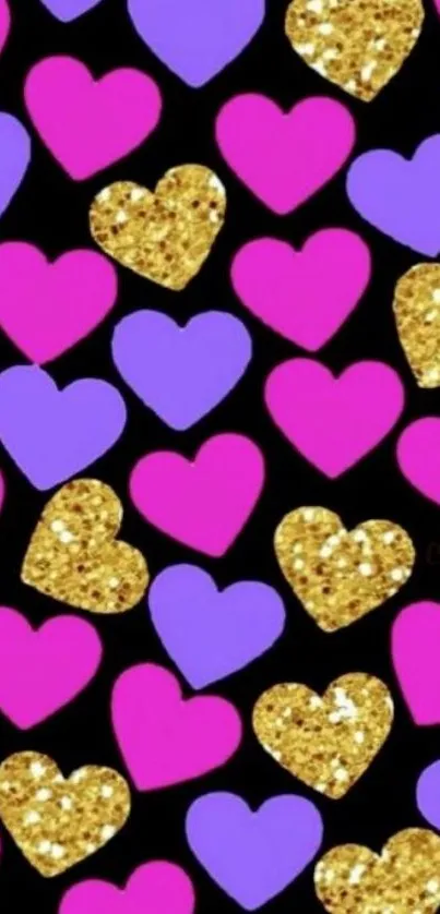 Vibrant wallpaper with pink, purple, and glitter heart patterns on a black background.