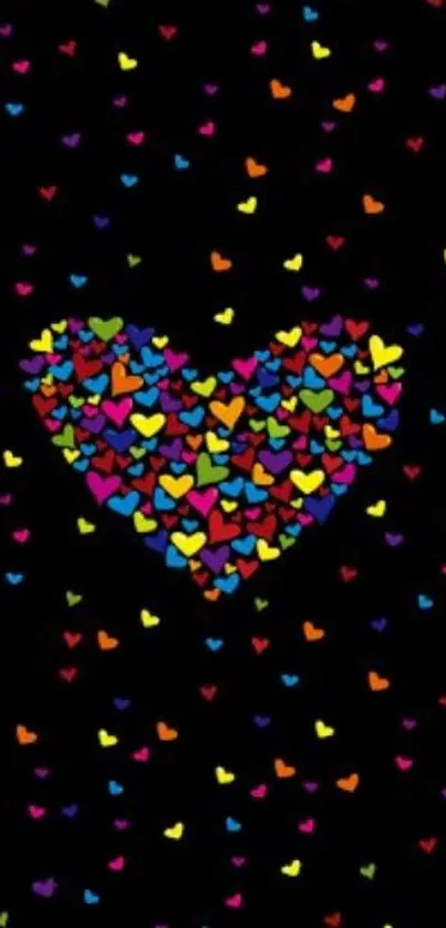 Colorful heart pattern on black wallpaper