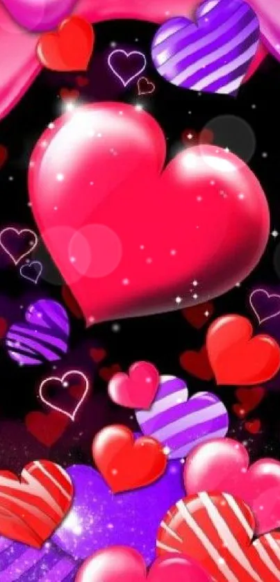 Vibrant heart-themed mobile wallpaper with red and pink hearts.