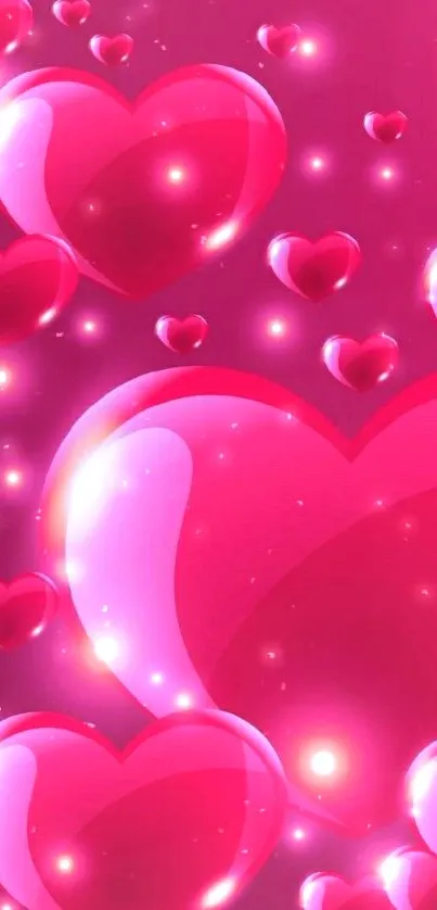 Mobile wallpaper with glowing pink hearts.