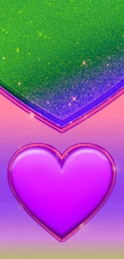 Colorful wallpaper with vibrant hearts in green and purple.