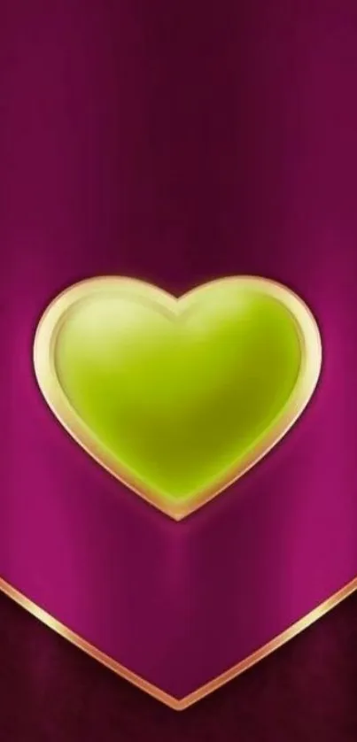 Elegant green heart on magenta wallpaper background.