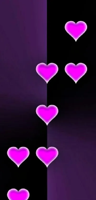 Wallpaper with vibrant purple hearts on a dark background.