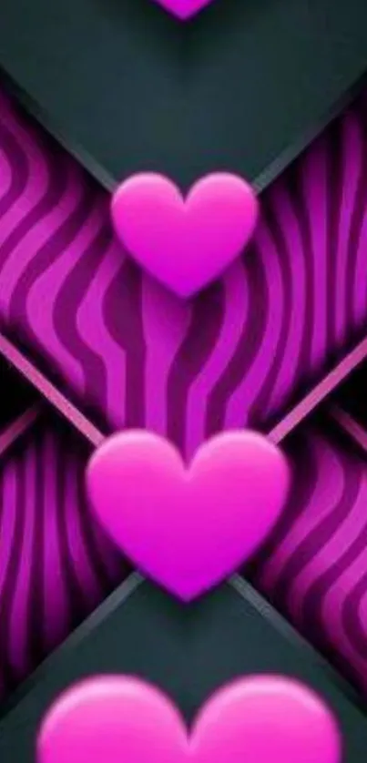 Pink hearts on a geometric vibrant phone wallpaper.