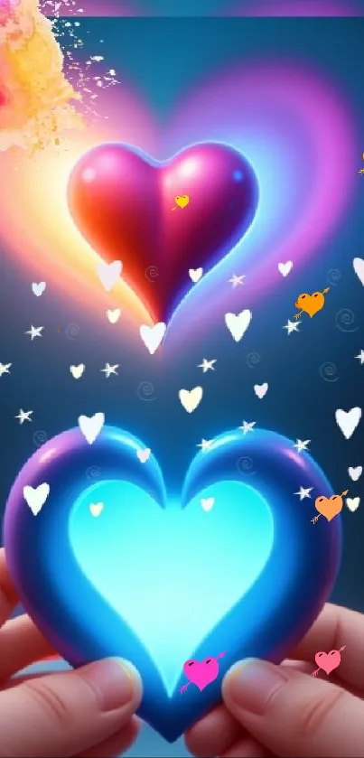 Vibrant glowing hearts mobile wallpaper with a colorful design.