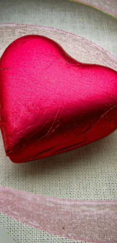 A red heart on a textured background with an elegant ribbon accent.