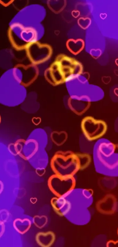 Colorful heart-themed mobile wallpaper with purple and red tones.