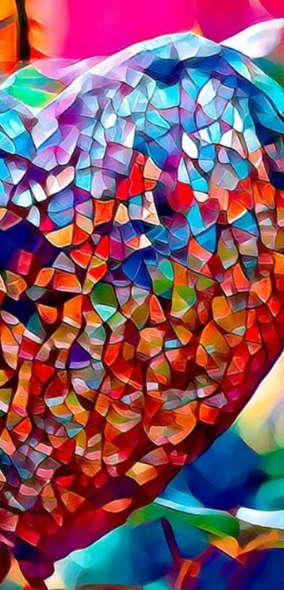 Colorful heart-shaped mosaic art on a vibrant wallpaper.