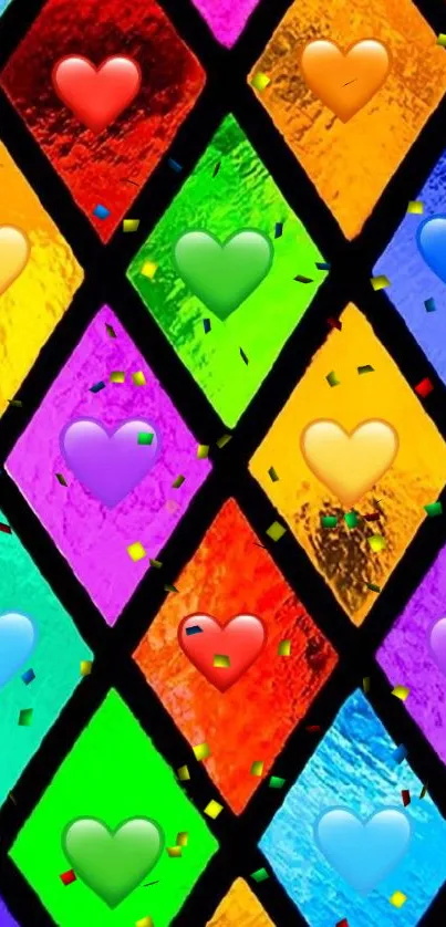 Colorful mosaic wallpaper with hearts on diamond patterns.