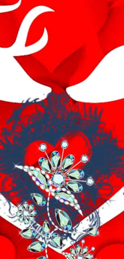 Red heart wallpaper with jewelry motifs for mobile.