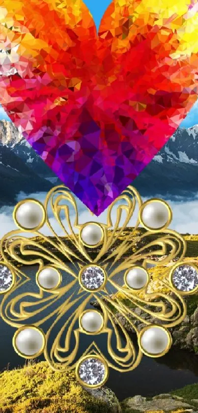 Colorful geometric heart with mountain view and gold motif.