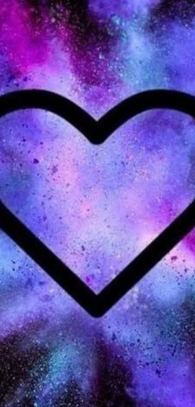 Colorful purple nebula with heart design on mobile wallpaper.