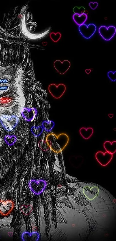 Mystical sketch with neon heart lights on dark background.