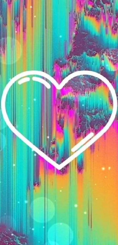 Neon heart on vibrant, abstract pastel background.