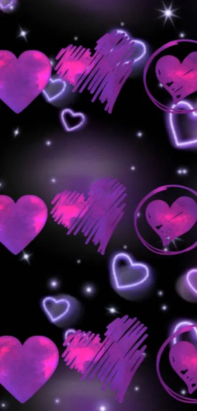 Vibrant neon heart wallpaper with purple and pink hues on a dark background.