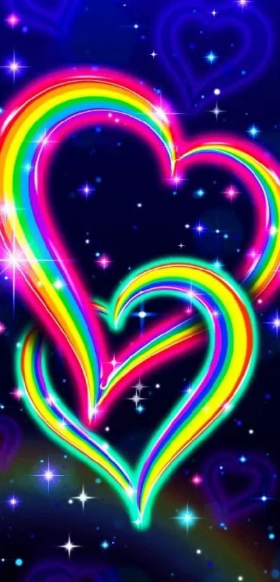 Vibrant neon hearts with blue starry background.