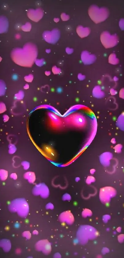 Vibrant neon heart wallpaper with colorful glowing hearts.