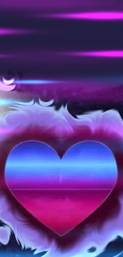 Neon heart design with vibrant colors and abstract purple glow.