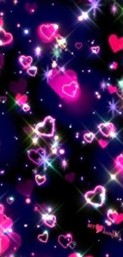 Vibrant neon pink hearts on a dark blue background.