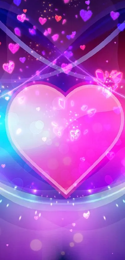 Vibrant neon heart in abstract colorful design.