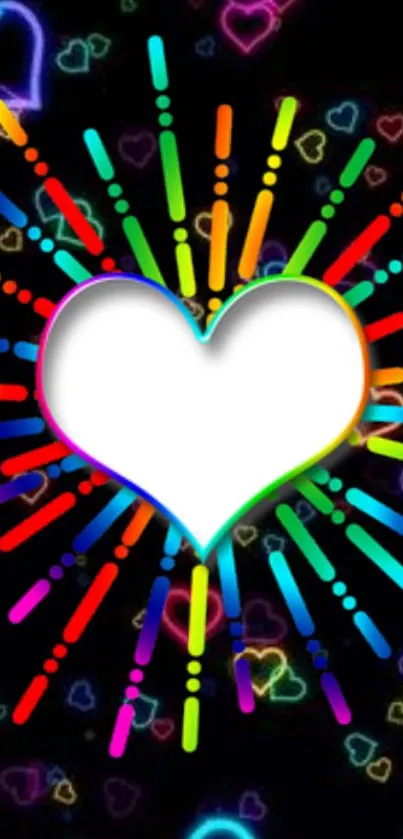 Vibrant neon heart wallpaper with colorful light burst and dark background.