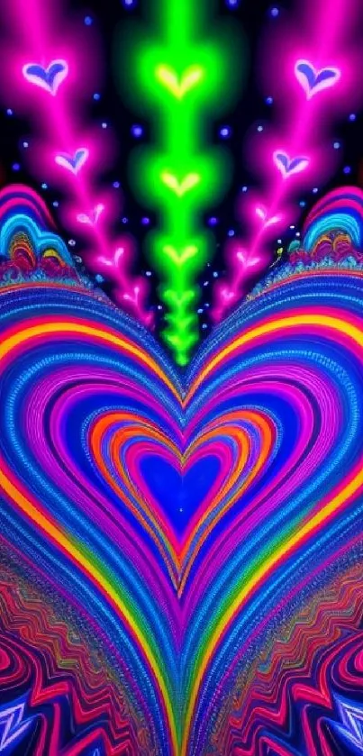 Vibrant neon heart abstract wallpaper in bright colors.