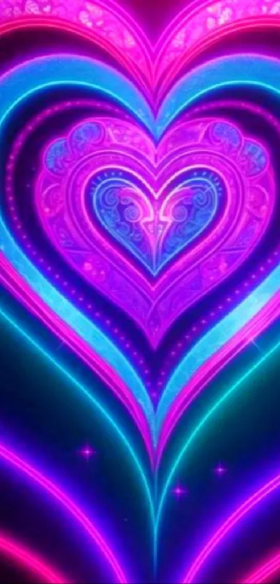 Vibrant pink and turquoise neon heart wallpaper.