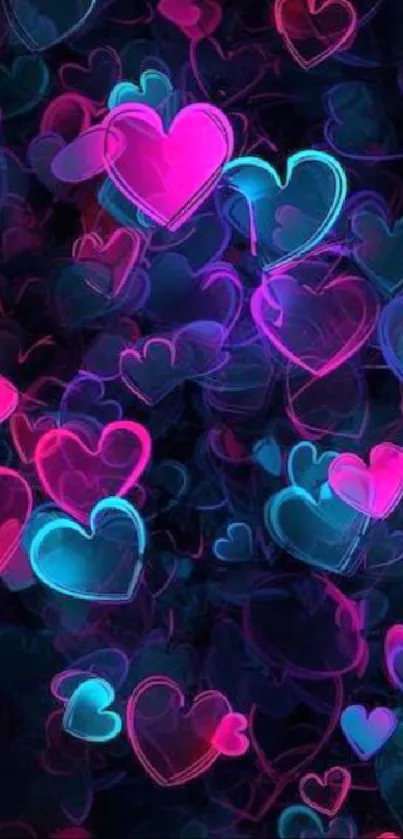 Vibrant neon heart patterns on dark background.