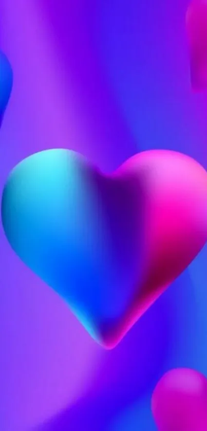 3D vibrant heart neon wallpaper in pink and blue hues.