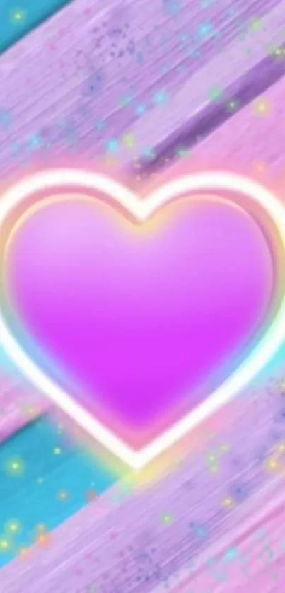 Vibrant purple neon heart with colorful glow on wood texture background.