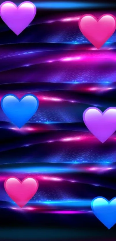 Vibrant neon hearts on a black background wallpaper.