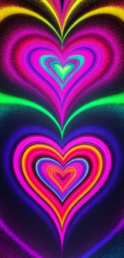 Vibrant neon heart wallpaper with colorful abstract patterns.