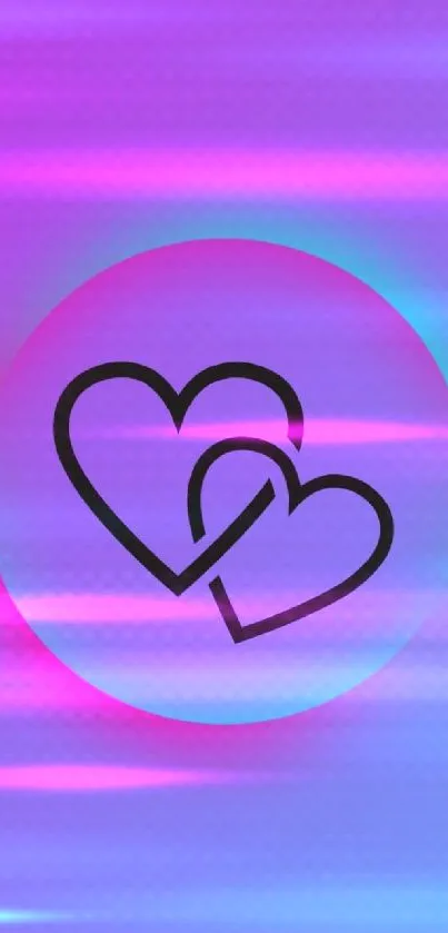 Intertwined hearts with neon glow on a vibrant purple background.