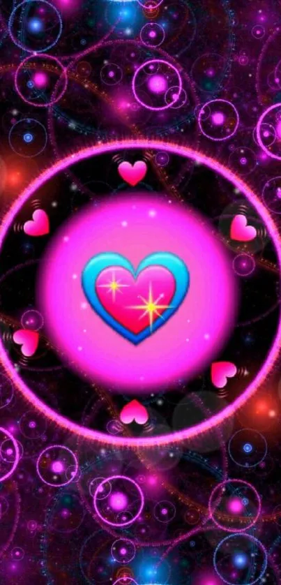 Vibrant neon heart mobile wallpaper with abstract patterns.