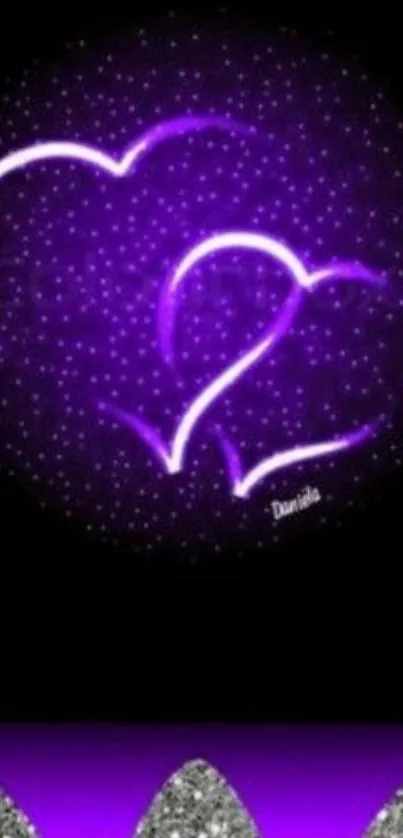 Vibrant purple neon heart wallpaper with sparkling glitter details.