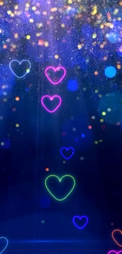 Colorful neon hearts on a deep blue background with light effects.