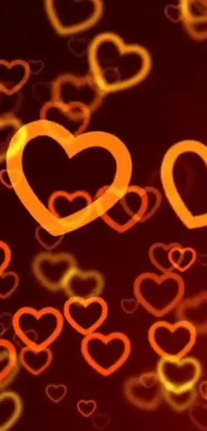 Neon wallpaper with glowing orange hearts on a dark background.