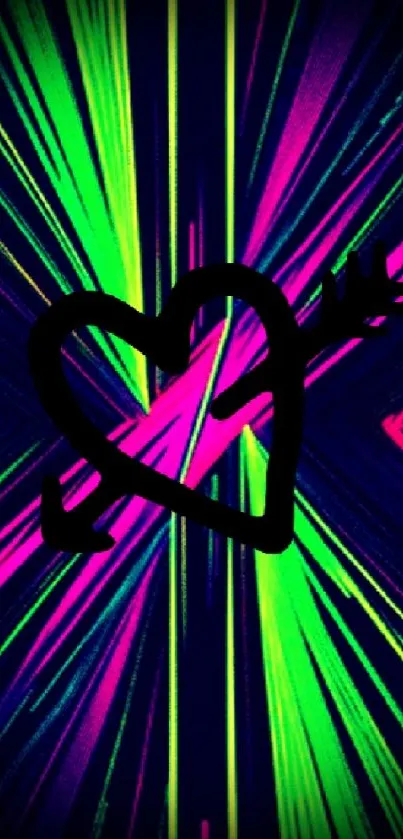 Neon heart with vibrant green and pink laser design.