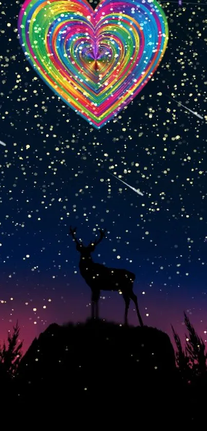 Silhouetted deer under a colorful, heart-shaped night sky.