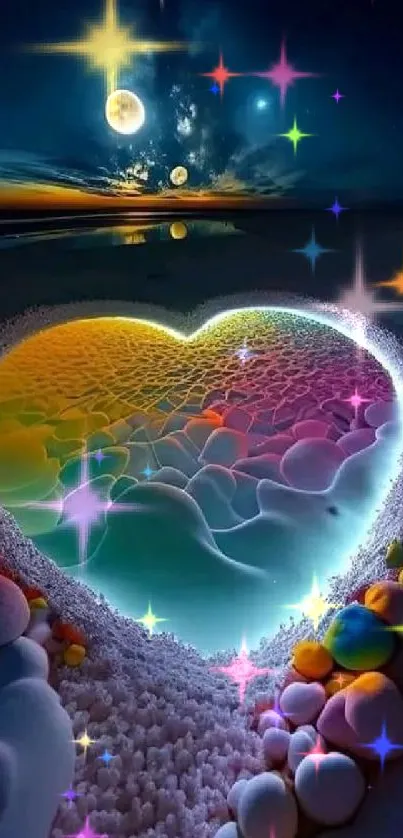 Colorful heart-shaped nightscape wallpaper with celestial glow.