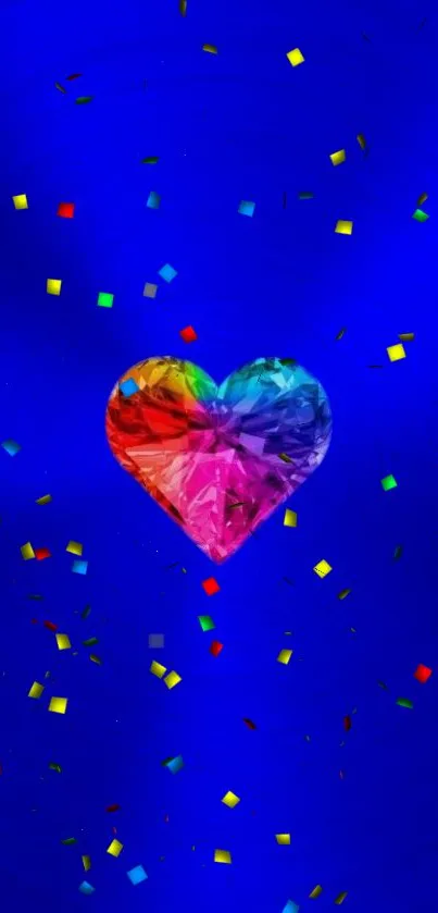 Vibrant heart gem on a blue background with colorful confetti design.