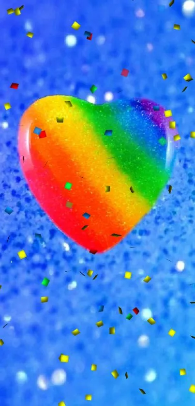 Rainbow heart on a vibrant blue textured background.